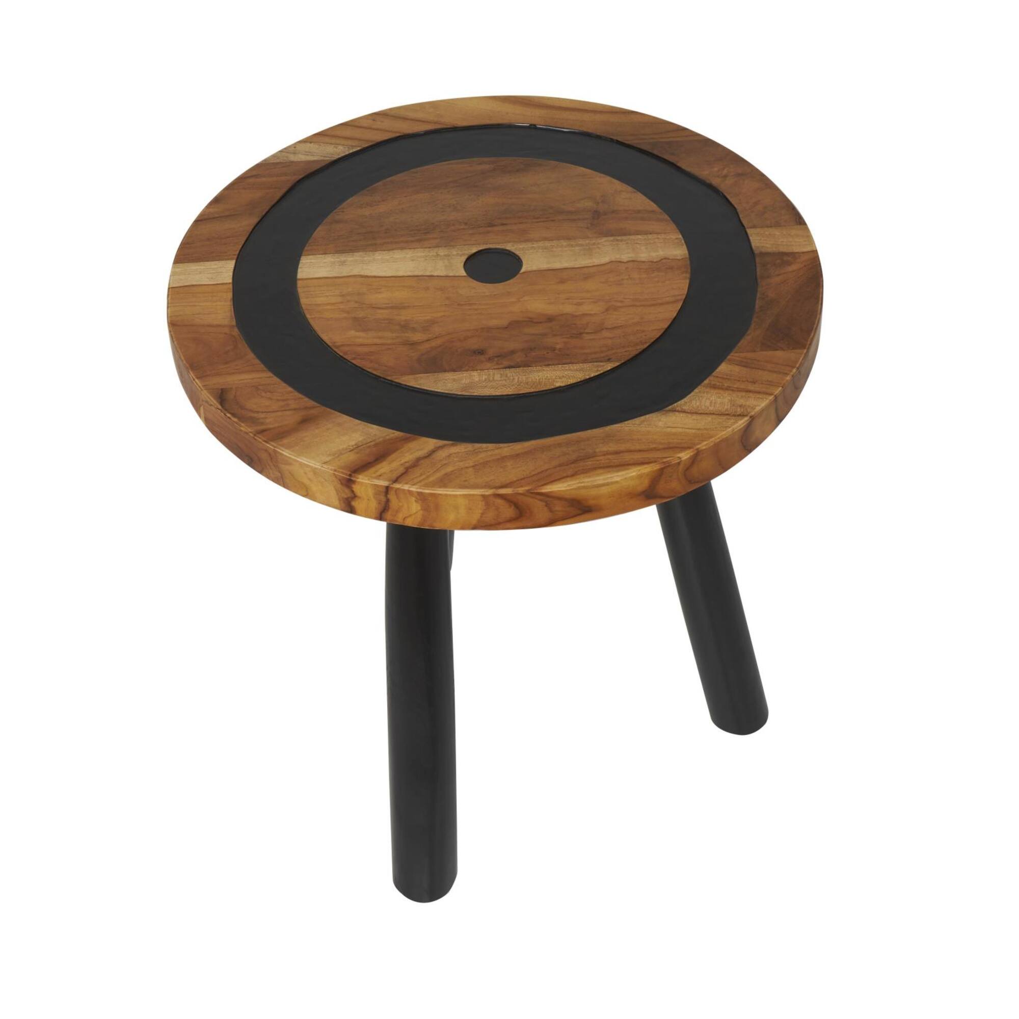 22" Brown Teak Wood Round Accent Table with Geometric Layered Circle Design and Black Legs